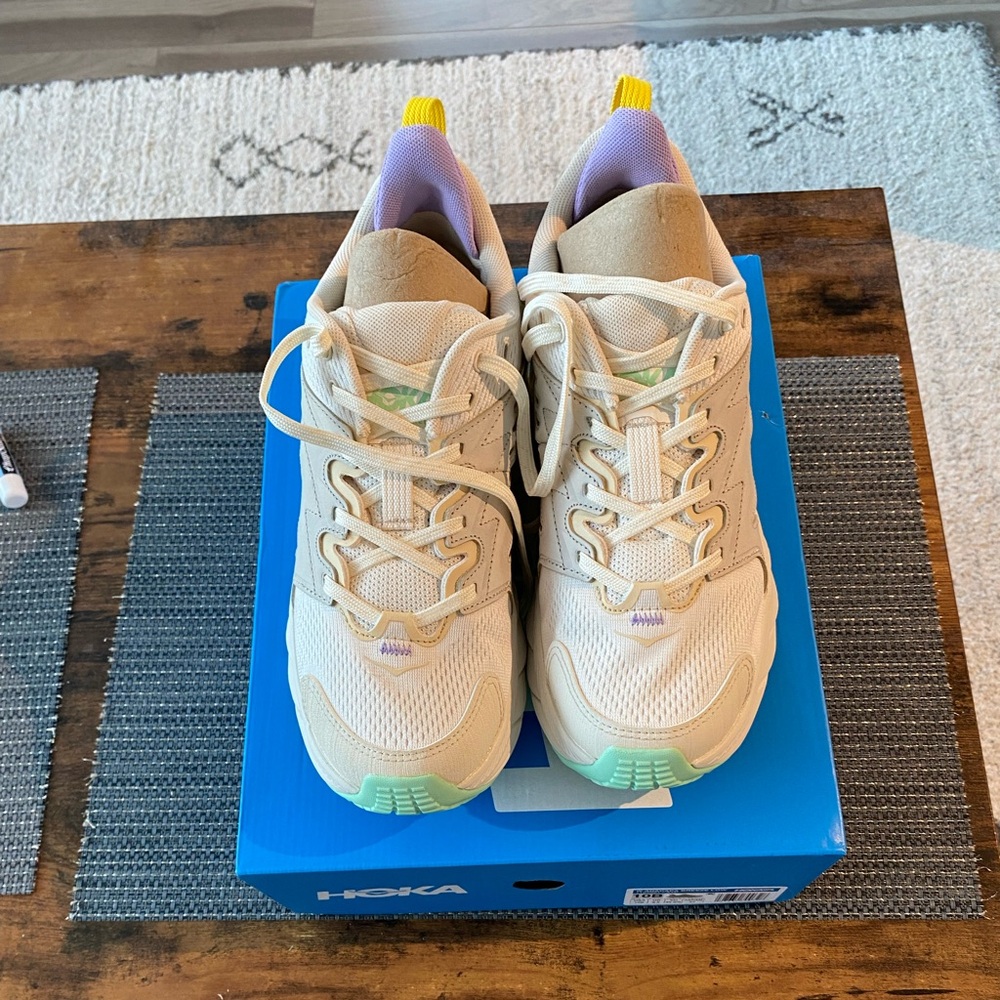 Hoka Cream and Yellow Athletic Shoes